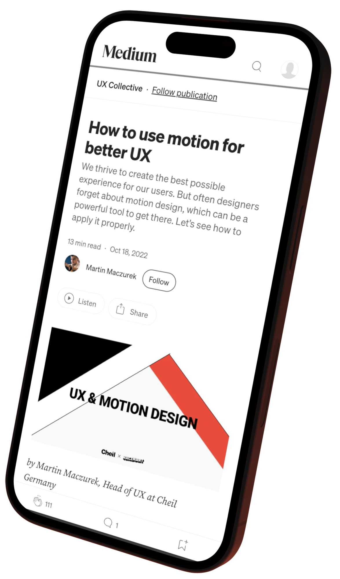 Smartphone Mockup showing medium article of martin maczurek on screen